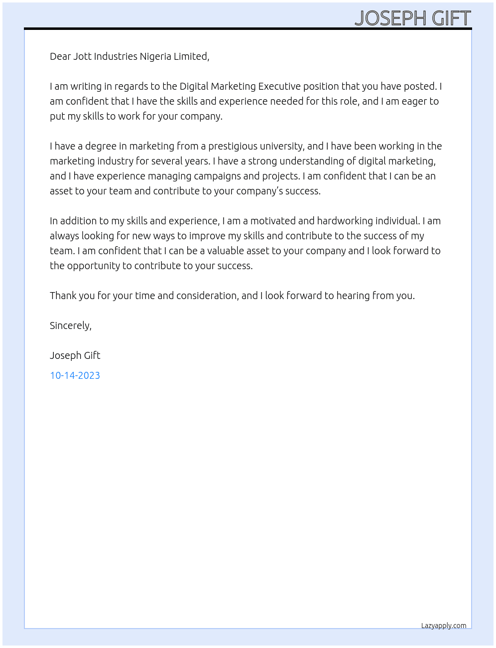 Digital Marketing Executive At Jott Industries Nigeria Limited Cover Letter