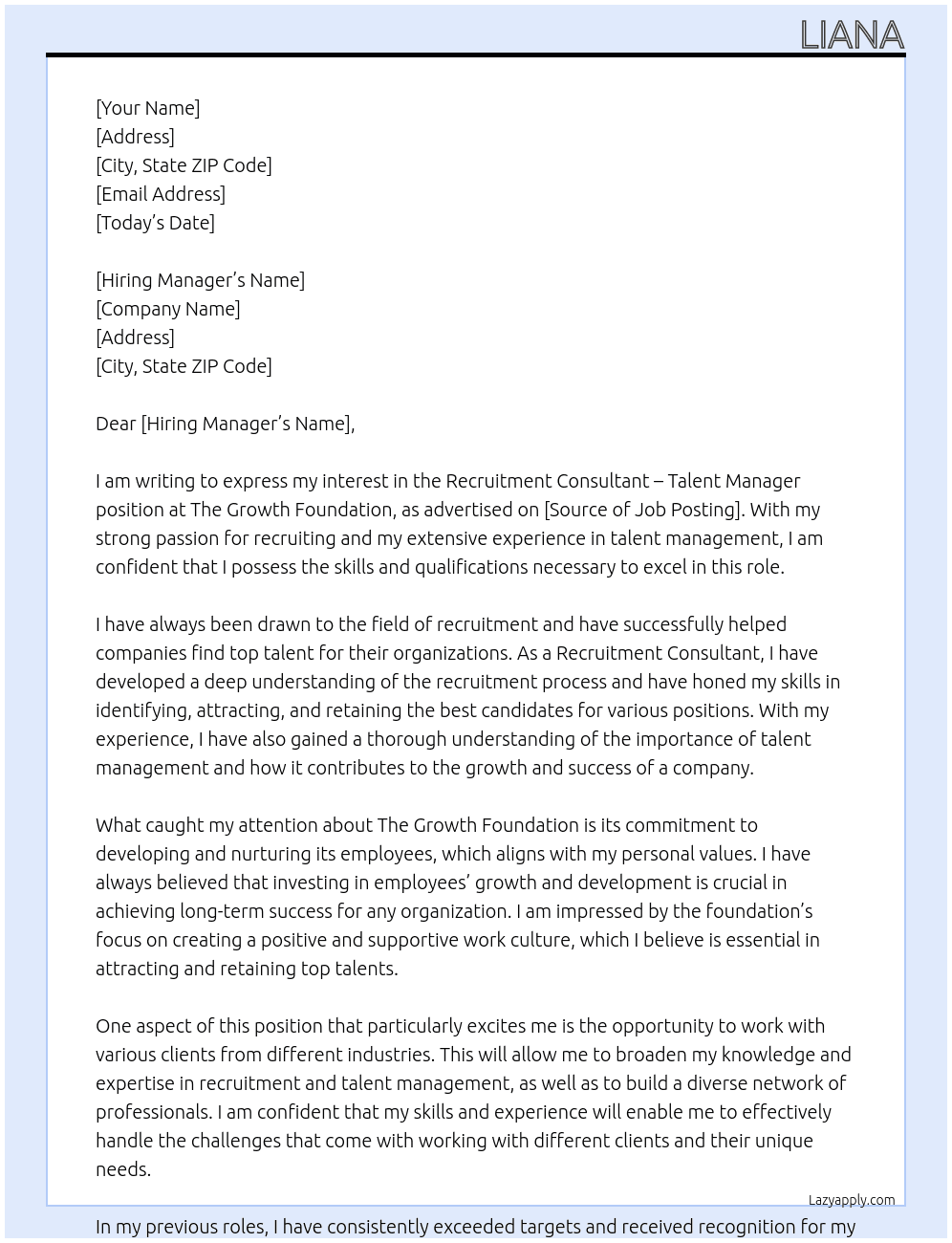 Recruitment Consultant - talent manager  At the growth foundation Cover Letter