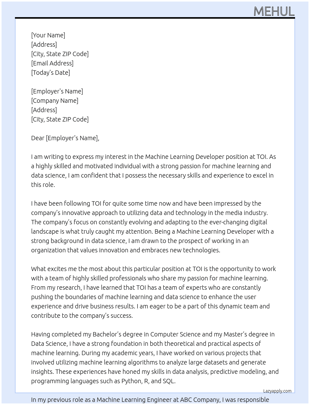 Machine Learning Developer At TOI Cover Letter