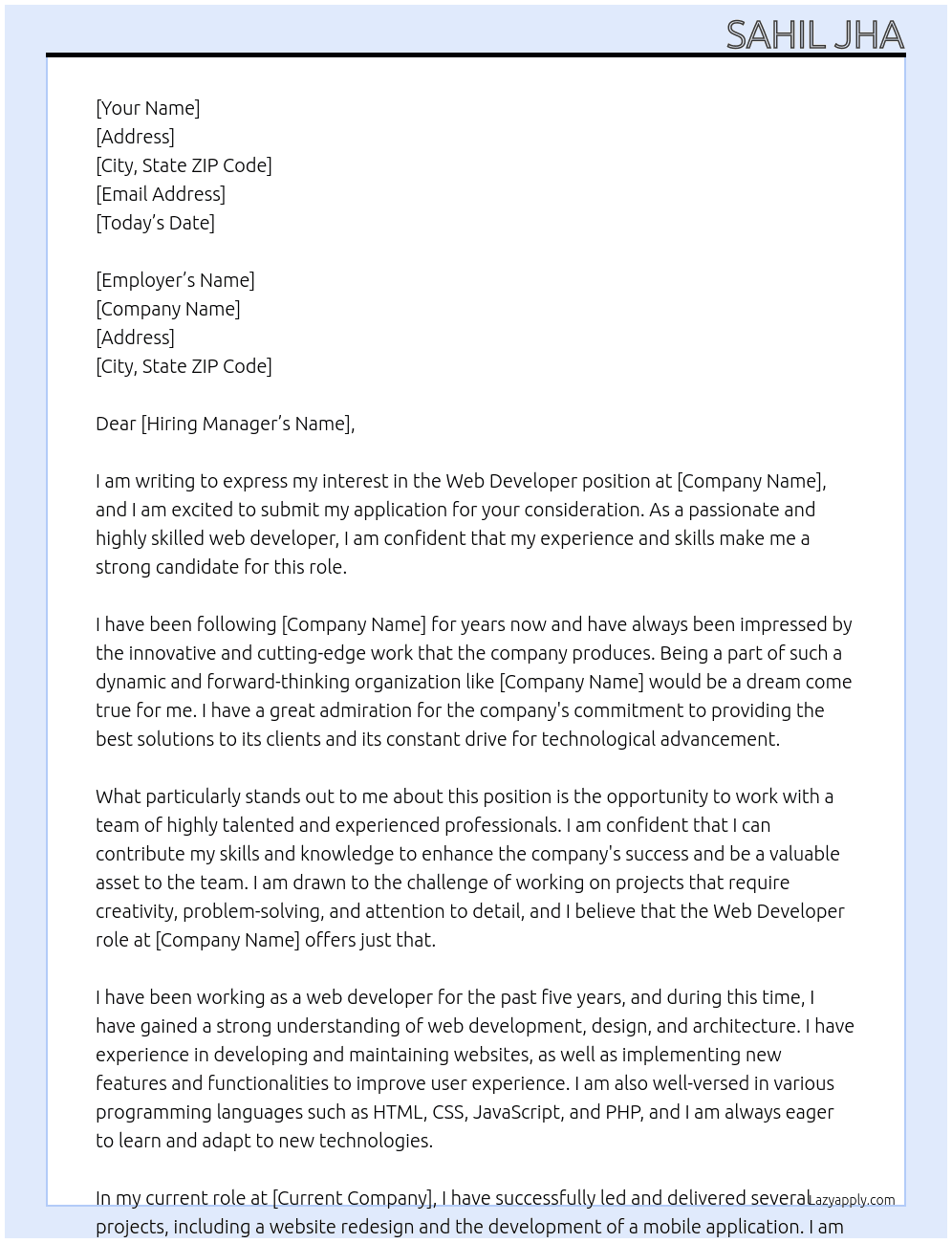 web developer At google, amazon, microsoft Cover Letter