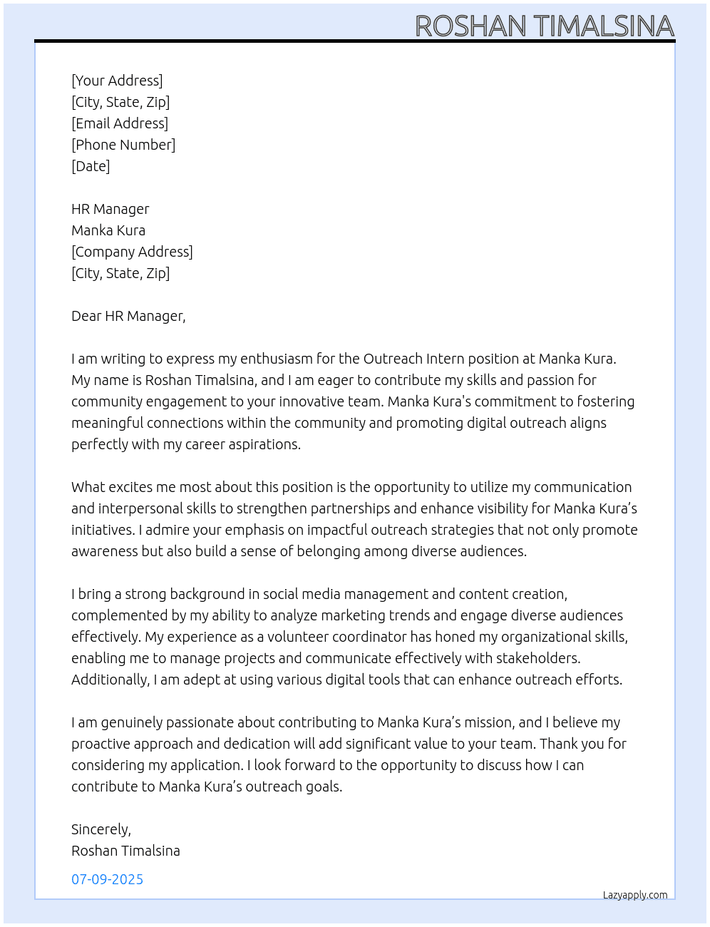 Outreach intern At Manka kura Cover Letter