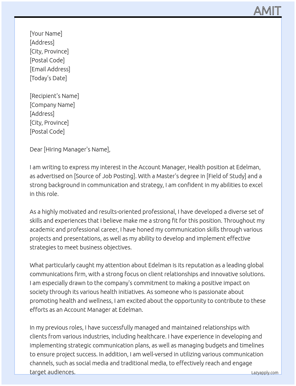 Account Manager, Health At Edelman Cover Letter