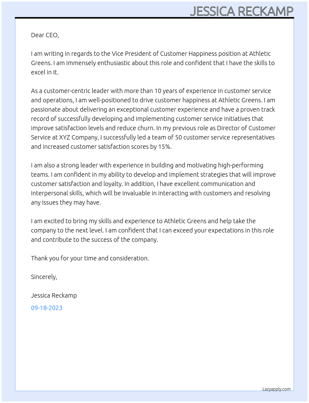 Vice President of Customer Happiness At Athletic Greens Cover Letter