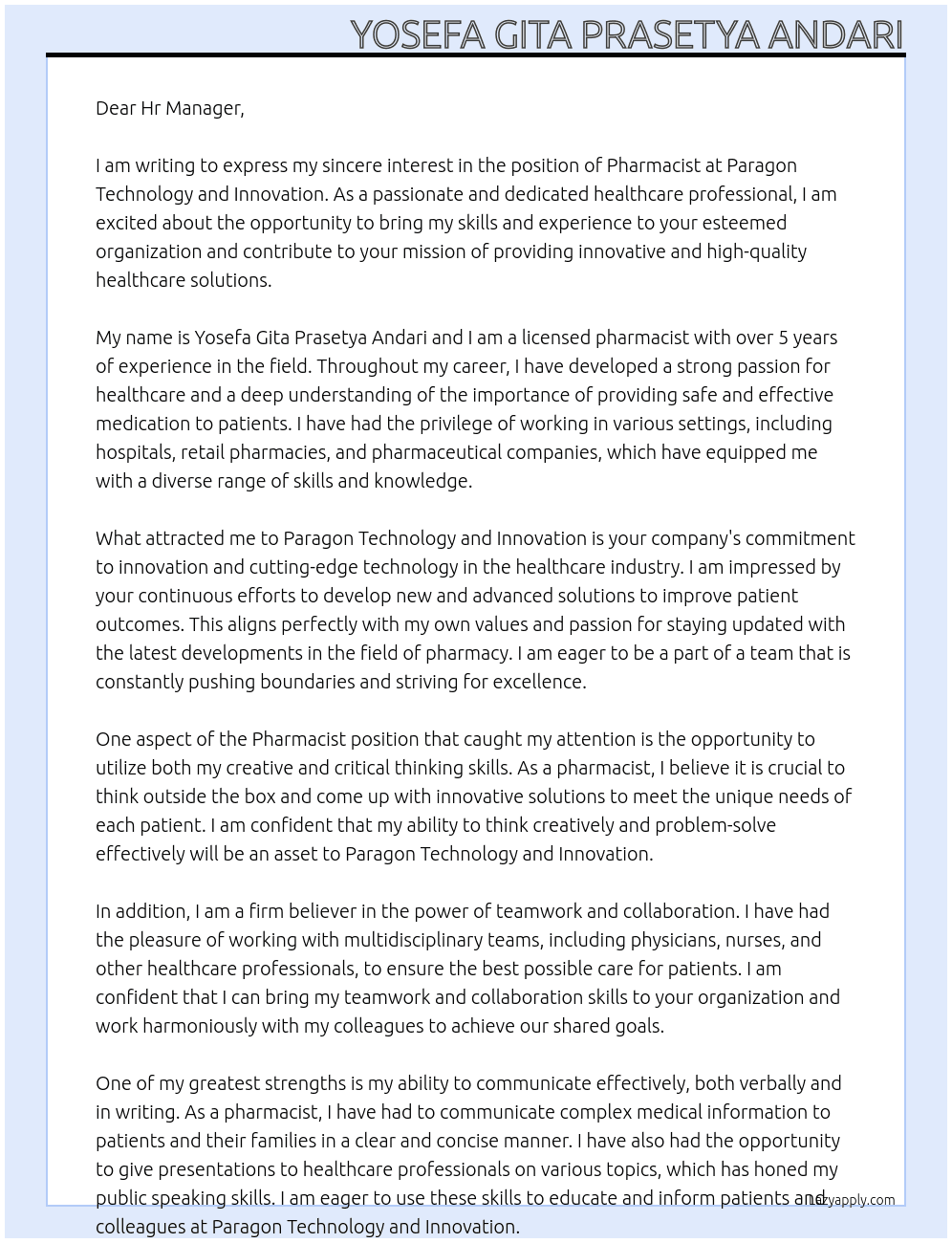 Pharmacist At Paragon Technology and Innovation Cover Letter