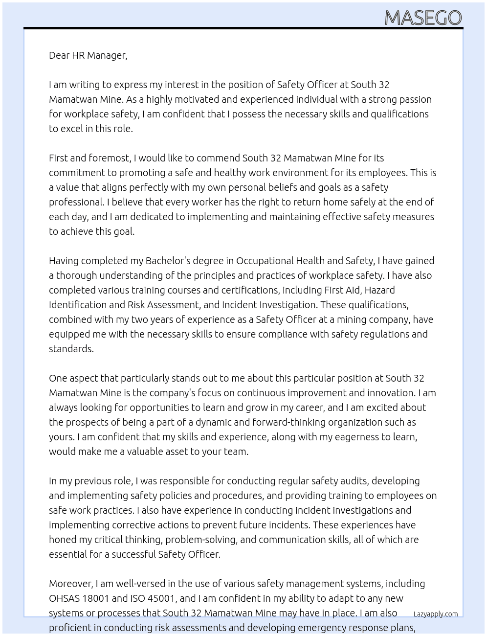 Safety officer At South 32 Mamatwan Mine Cover Letter