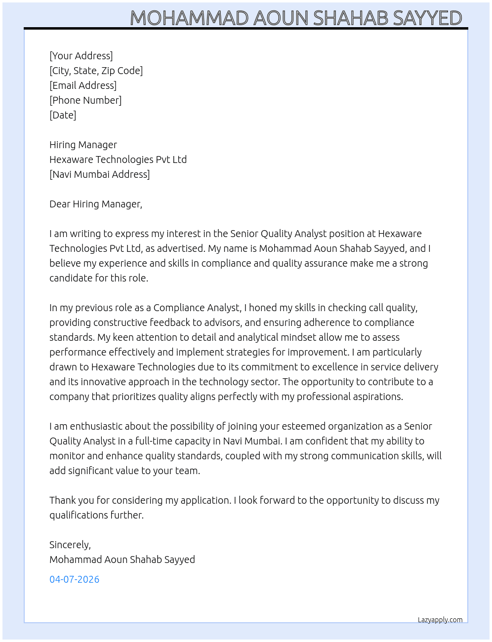 Sr Quality Anylst  At Hexaware Technologies Pvt Ltd  Cover Letter