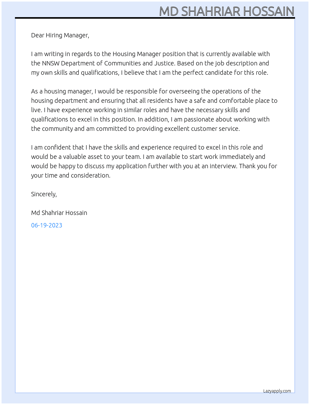 HOUSING MANAGER At NNSW Department of Communities and Justice Cover Letter
