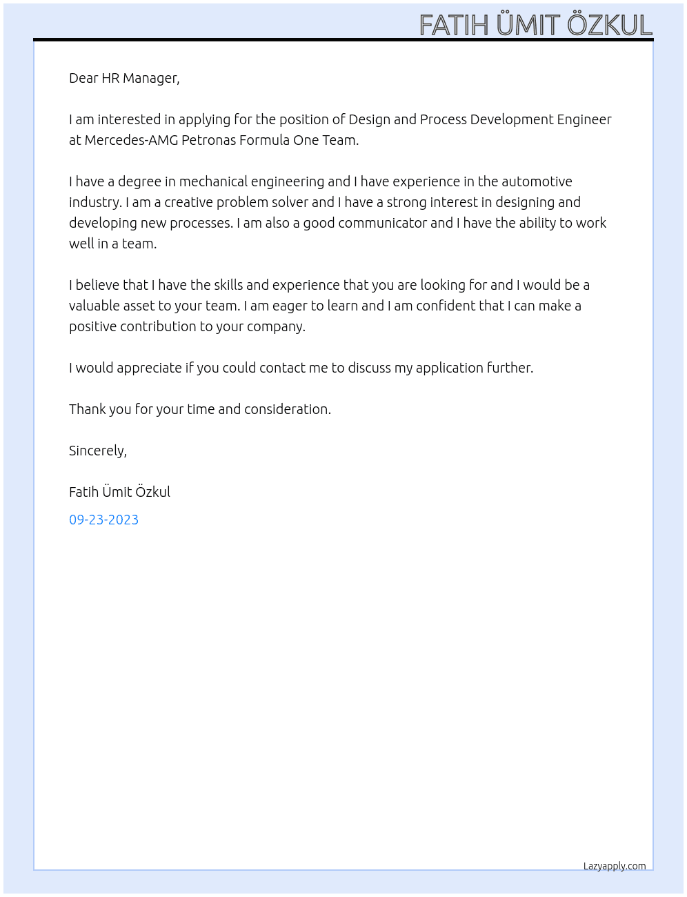 Design and Process Development Engineer At Mercedes-AMG Petronas Formula One Team Cover Letter