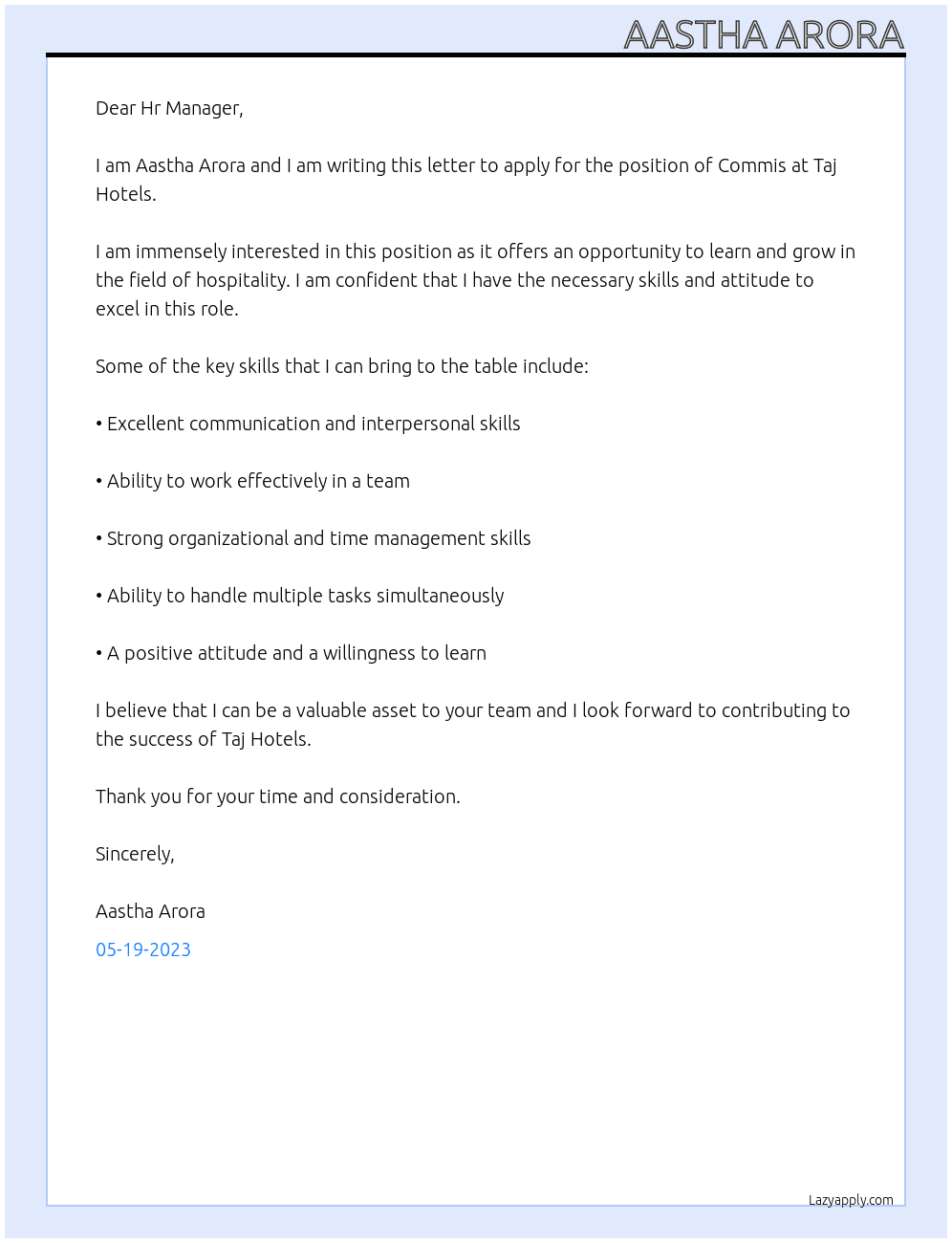 Commis At Taj hotels Cover Letter