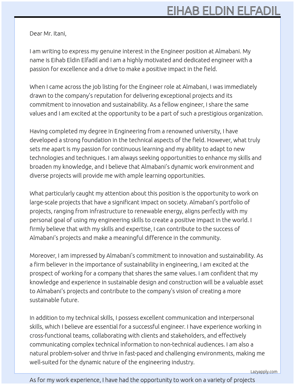 Engineer At Almabani Cover Letter