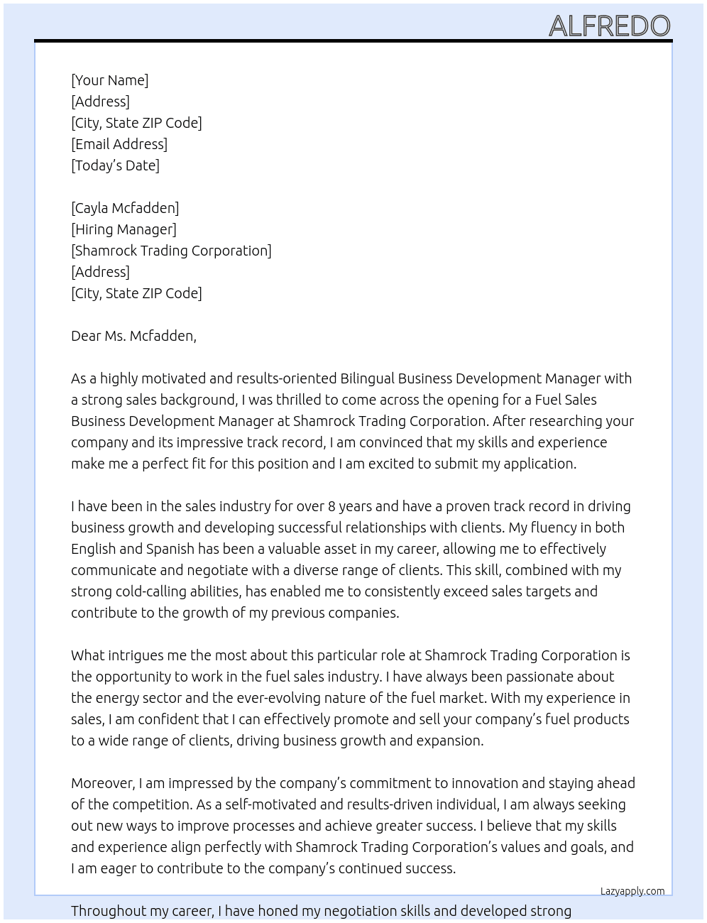 Bilingual Business Development Manager - Fuel Sales At Shamrock Trading Corporation  Cover Letter
