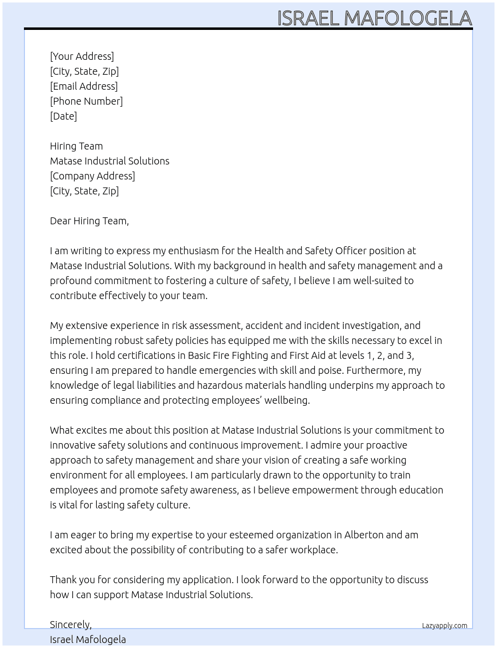 Health and Safety Officer At Matase Industrial Solutions Cover Letter