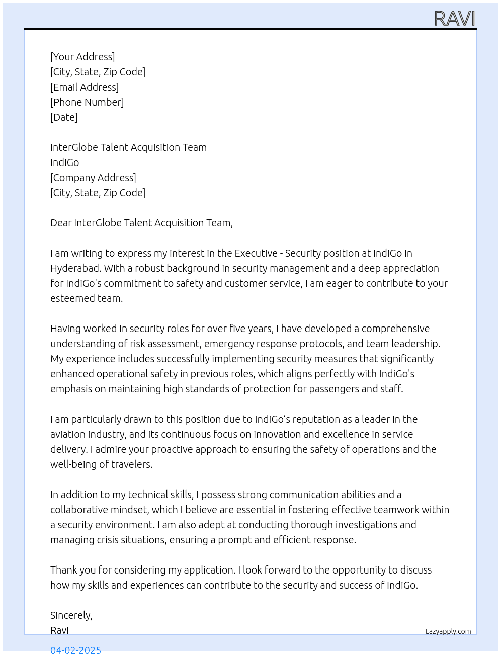 Cover letter for executive - security - hyd - LazyApply