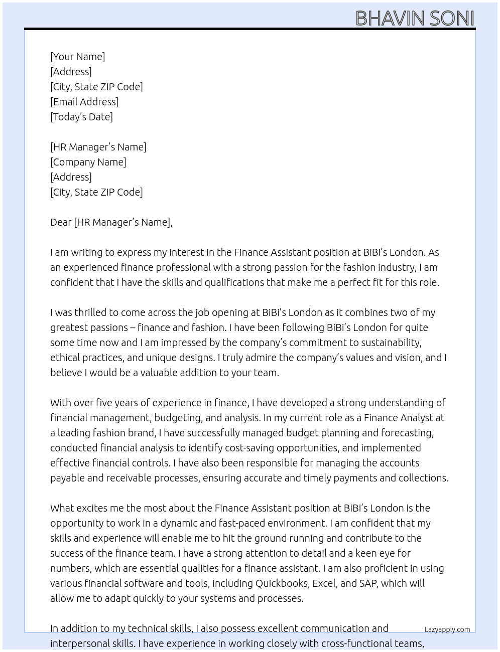 finance assistant At BiBi's London Cover Letter
