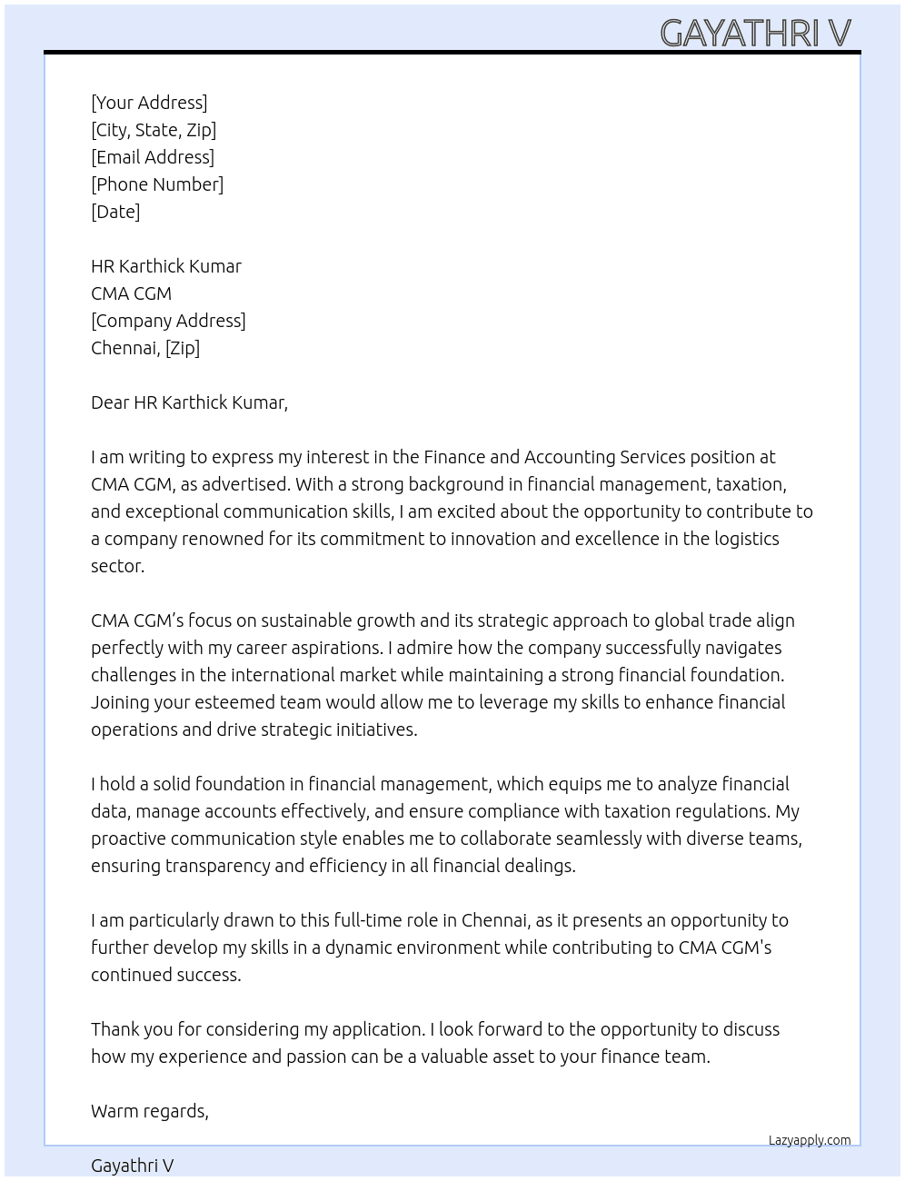 FINANCE AND ACCOUNTING SERVICES  At CMA CGM Cover Letter