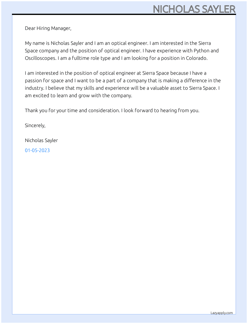 Optical Engineer At Sierra Space Cover Letter