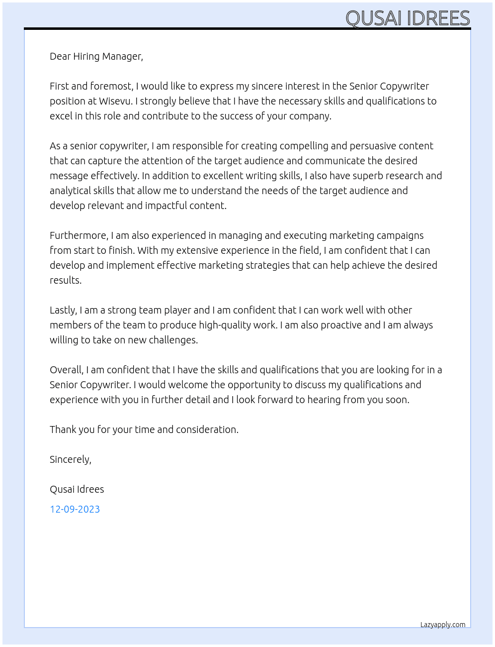 Senior Copywriter At Wisevu Cover Letter