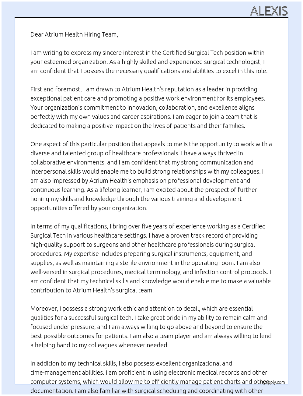 Certified Surgical Tech  At Atrium Health Cover Letter