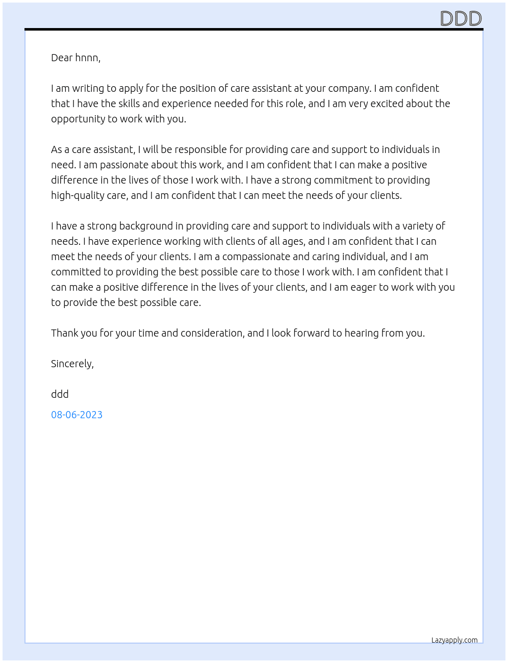 care assistant At hnnn Cover Letter