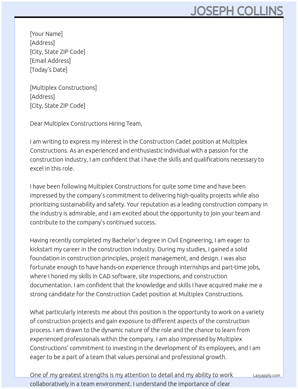 Construction Cadet At Multiplex Constructions Cover Letter