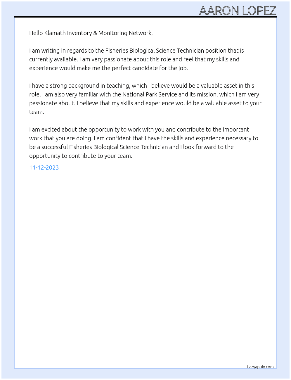 Fisheries biologcal science technician At National Park Service Cover Letter