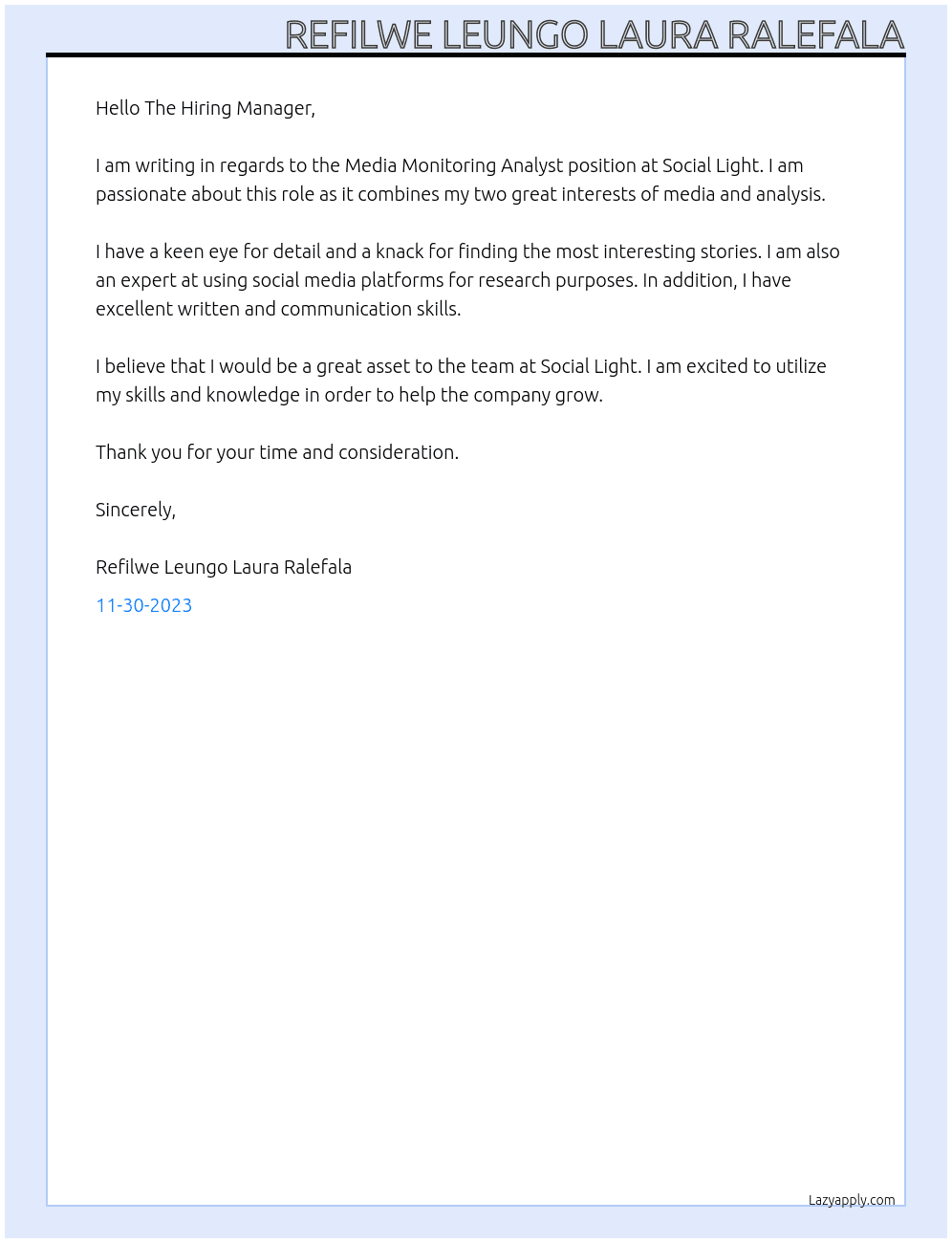 Media Monitoring Analyst At Social Light Cover Letter