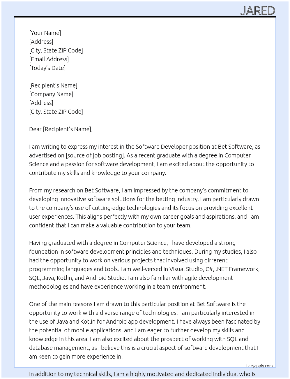 Software developer At Bet Software Cover Letter