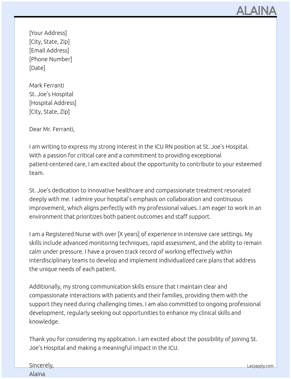 ICU RN At St. Joes Hospital  Cover Letter