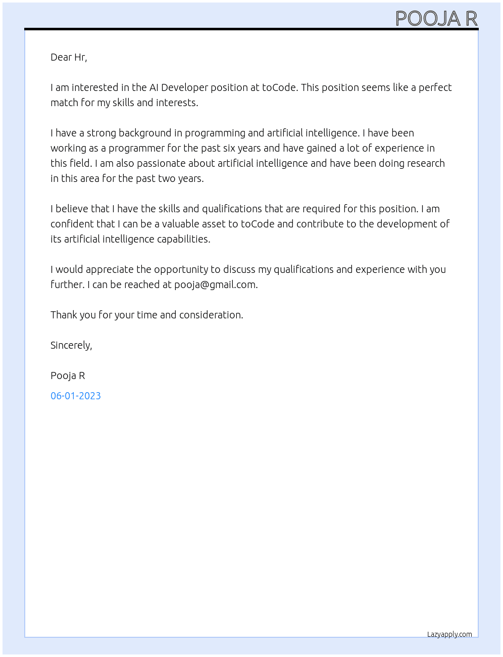 AI Developer At toCode Cover Letter