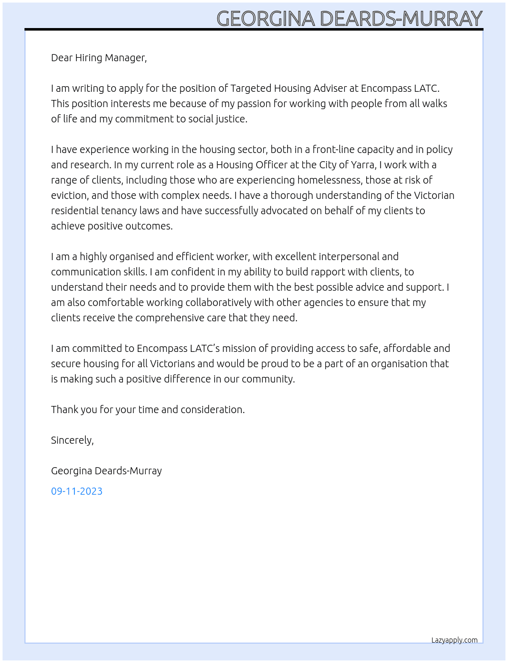 Targeted Housing Adviser At Encompass LATC Cover Letter