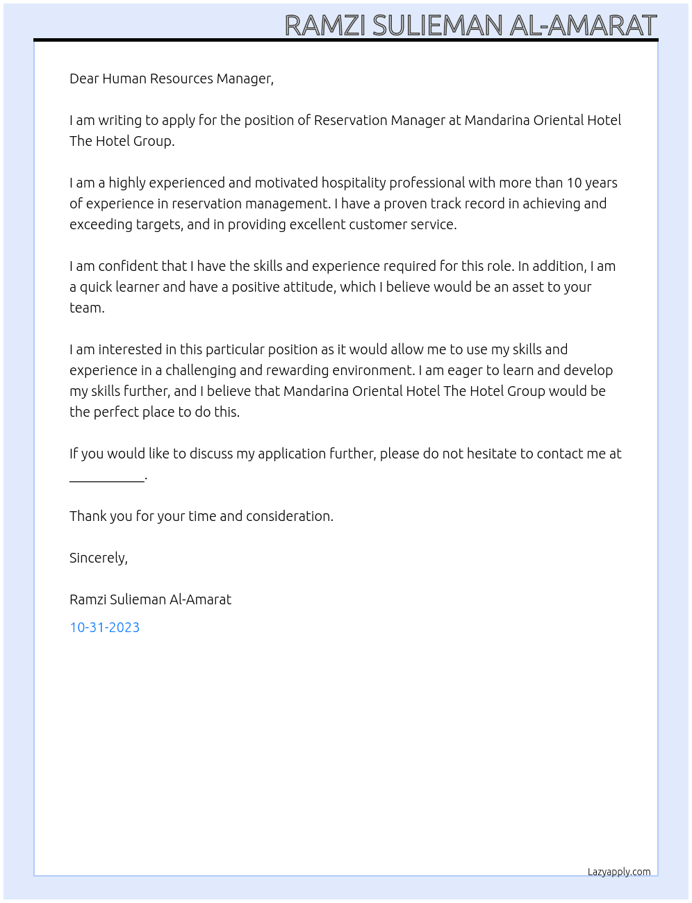 Reservation Manager  At Mandarina Oriental Hotel The Hotel Group  Cover Letter