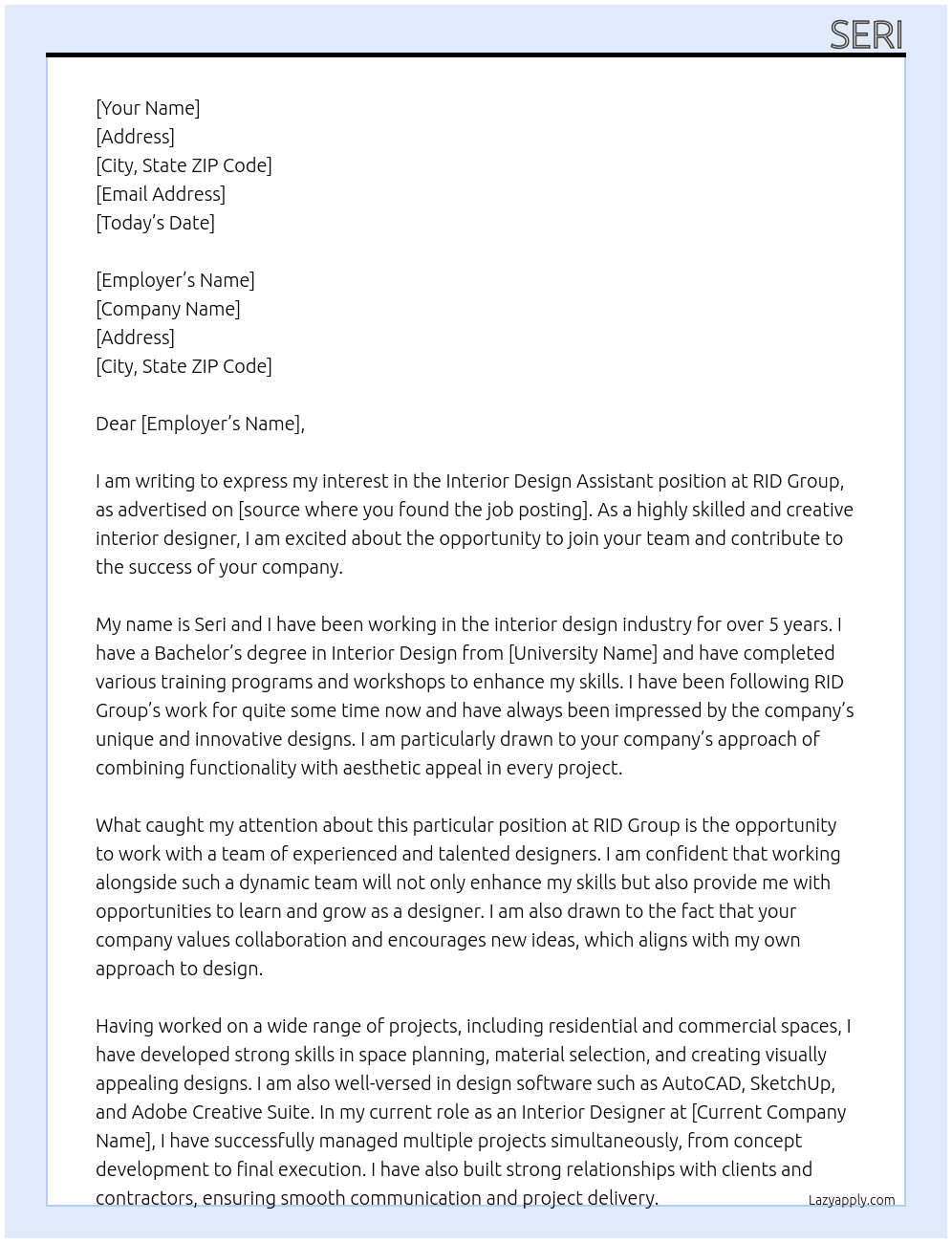 Interior design assistent At RID Group Cover Letter