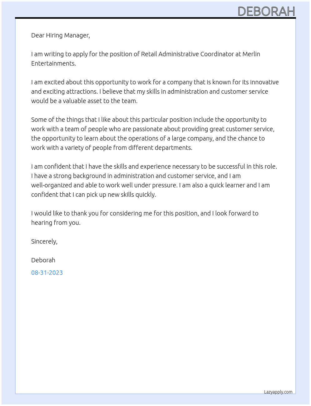 Retail Administrative Coordinator At Merlin Entertainments Cover Letter
