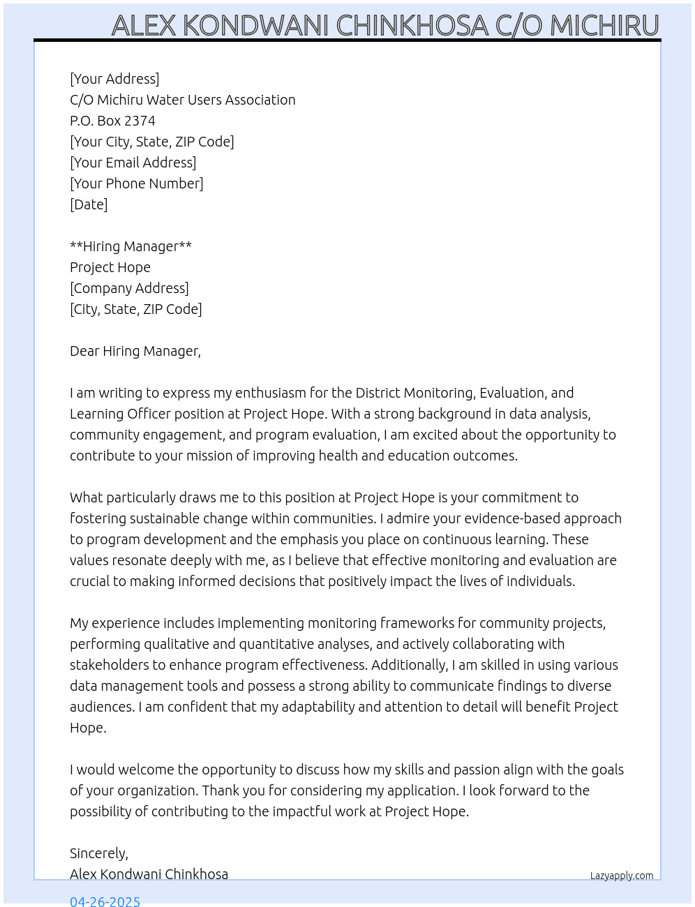district Monitoring, evaluation and learning officer At Project hope Cover Letter