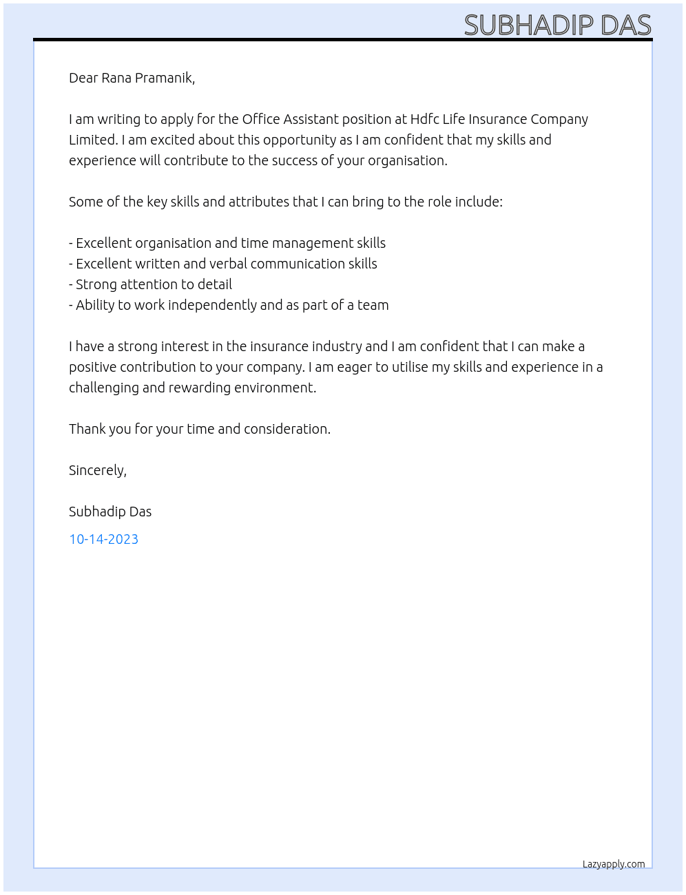 Office Assistant  At Hdfc Life Insurance Company Limited  Cover Letter
