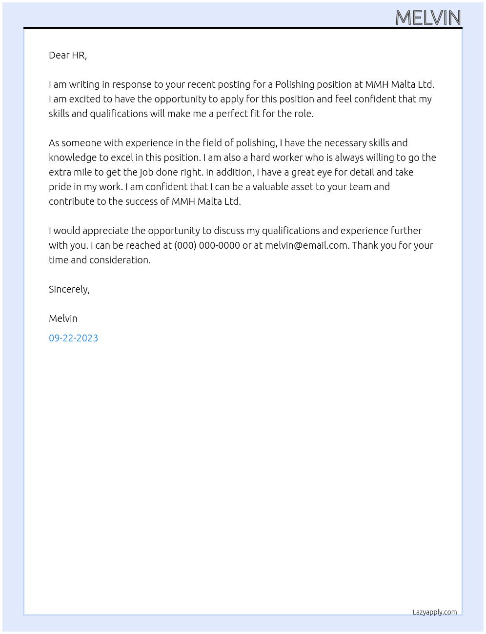 POLISHING At MMH Malta Ltd Cover Letter