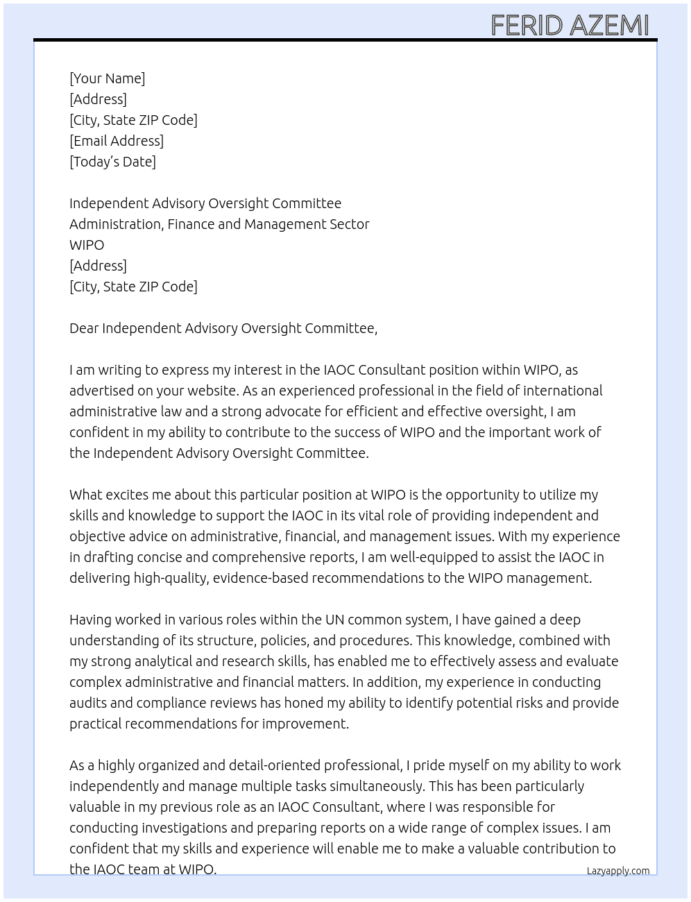  IAOC Consultant At WIPO Cover Letter