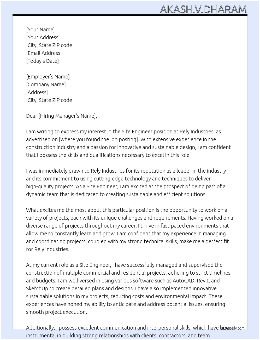 Site Engineer At Rely Industries Cover Letter