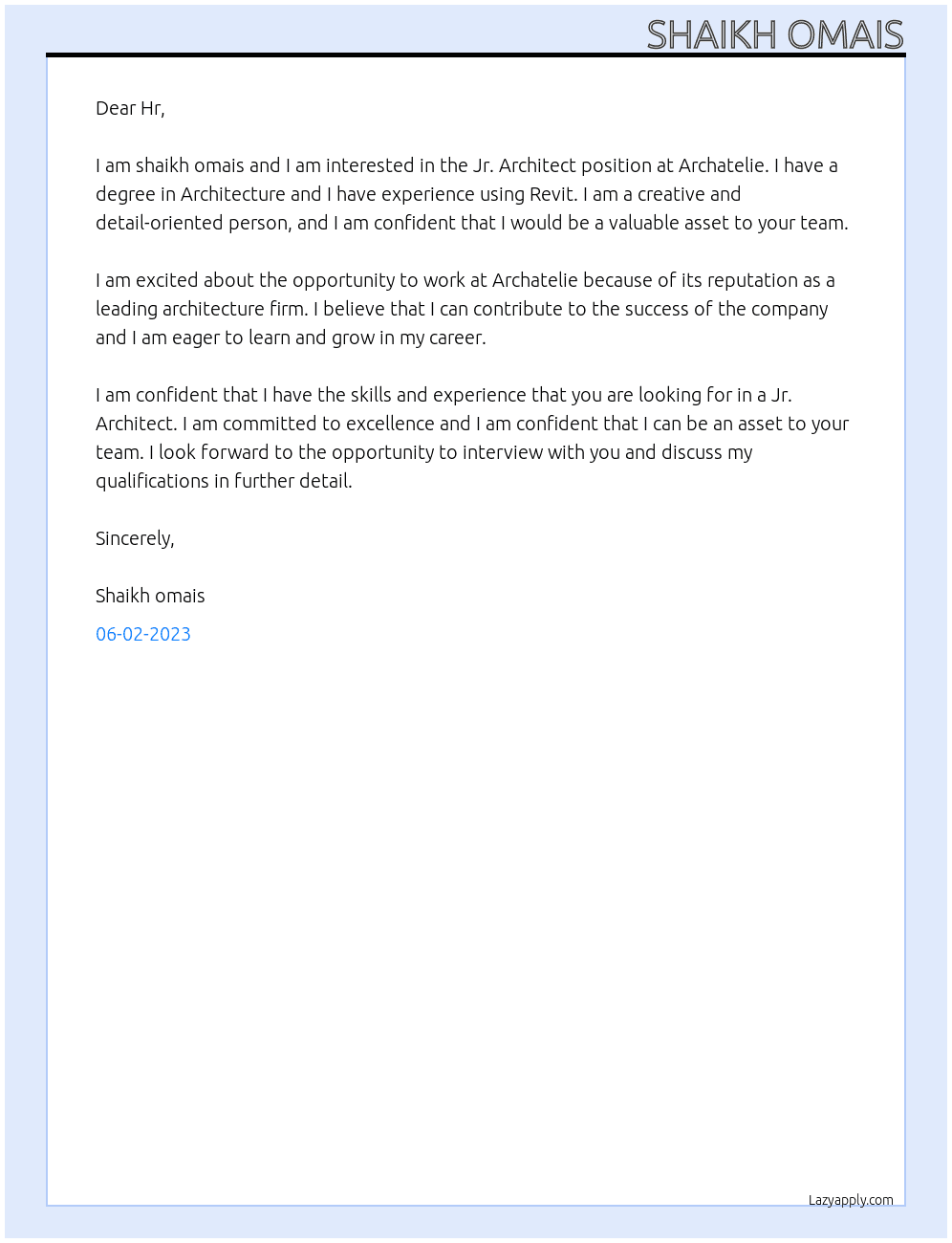 Jr. Architect  At Archatelie Cover Letter