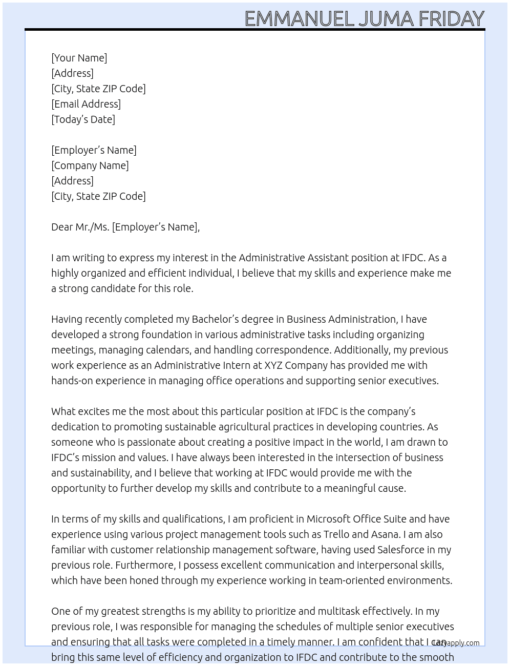 Administrative Assistant At IFDC Cover Letter