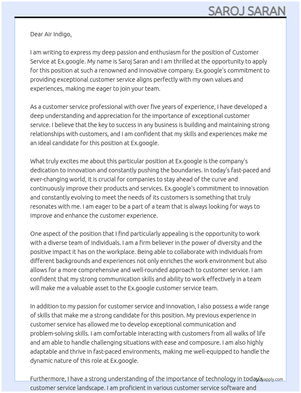 Customer service  At Ex.google Cover Letter