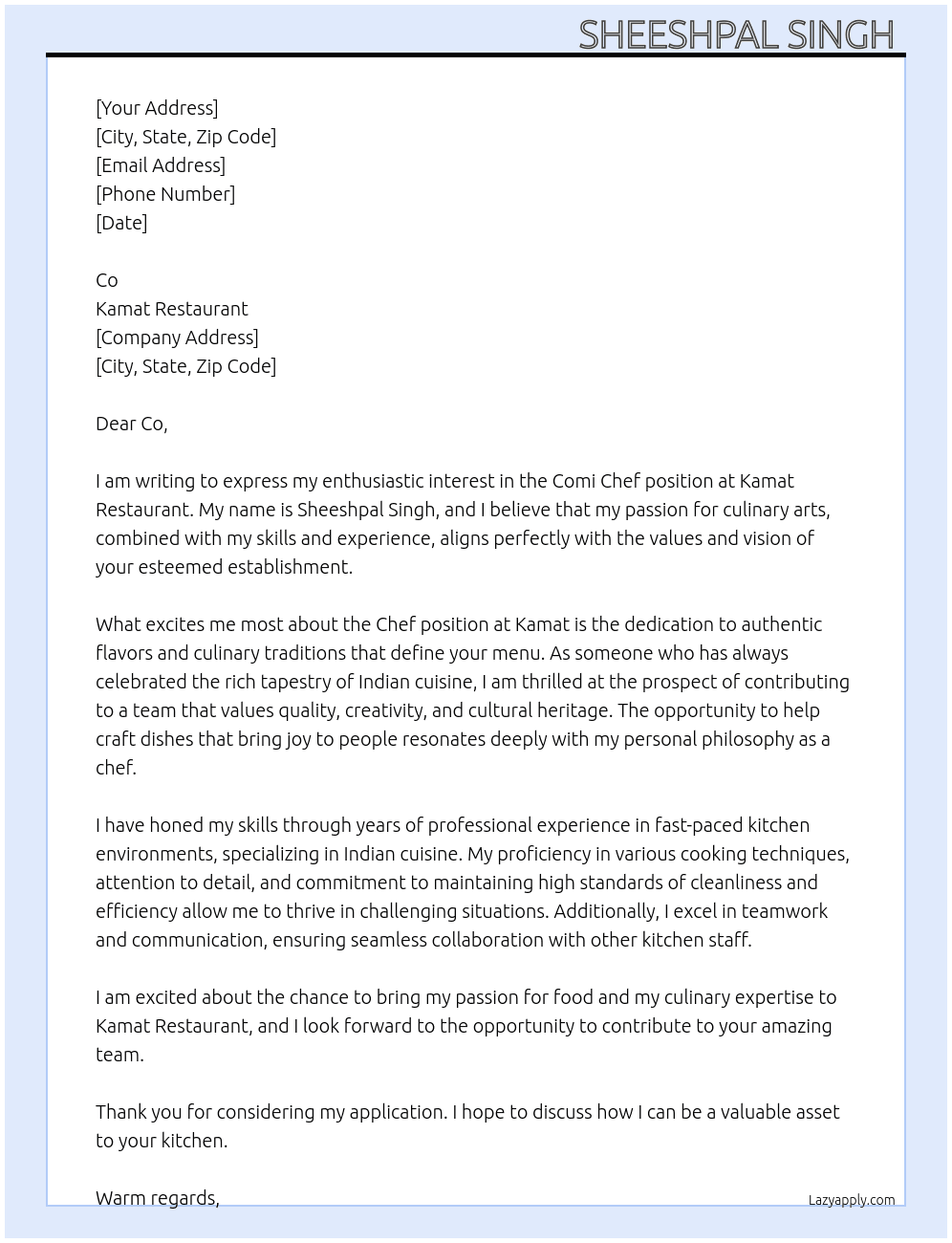 Cover letter for comi chef - LazyApply