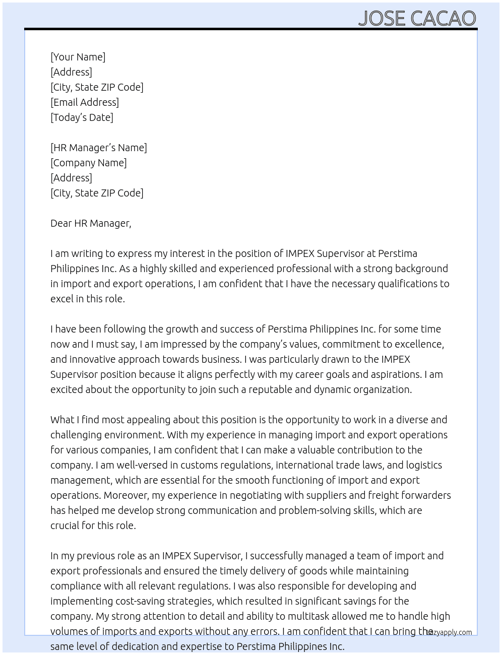 IMPEX Supervisor At Perstima Philippines Inc. Cover Letter