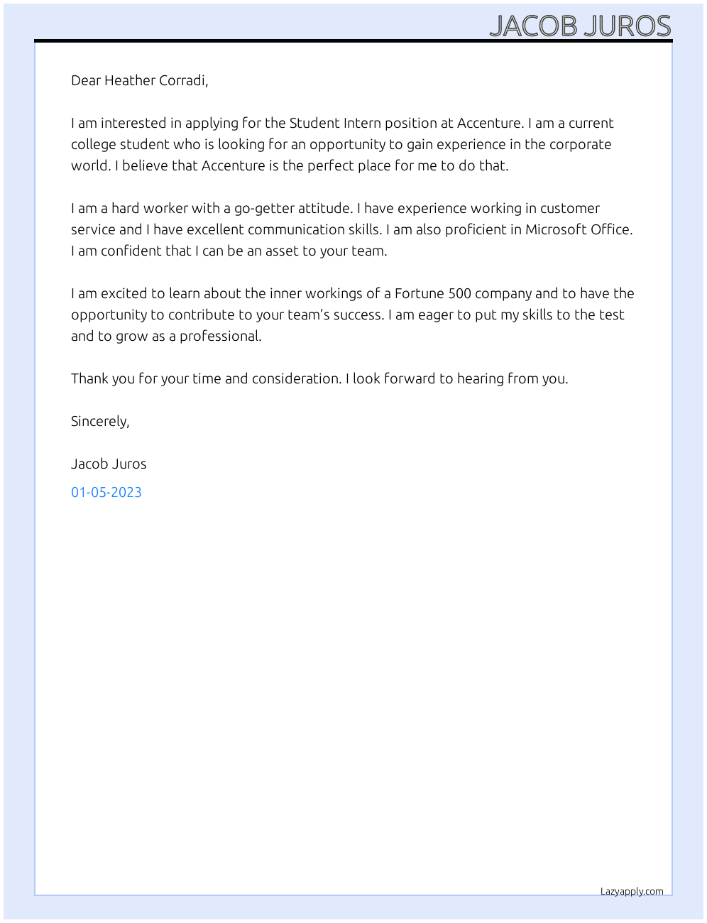 Student Intern At Accenture Cover Letter