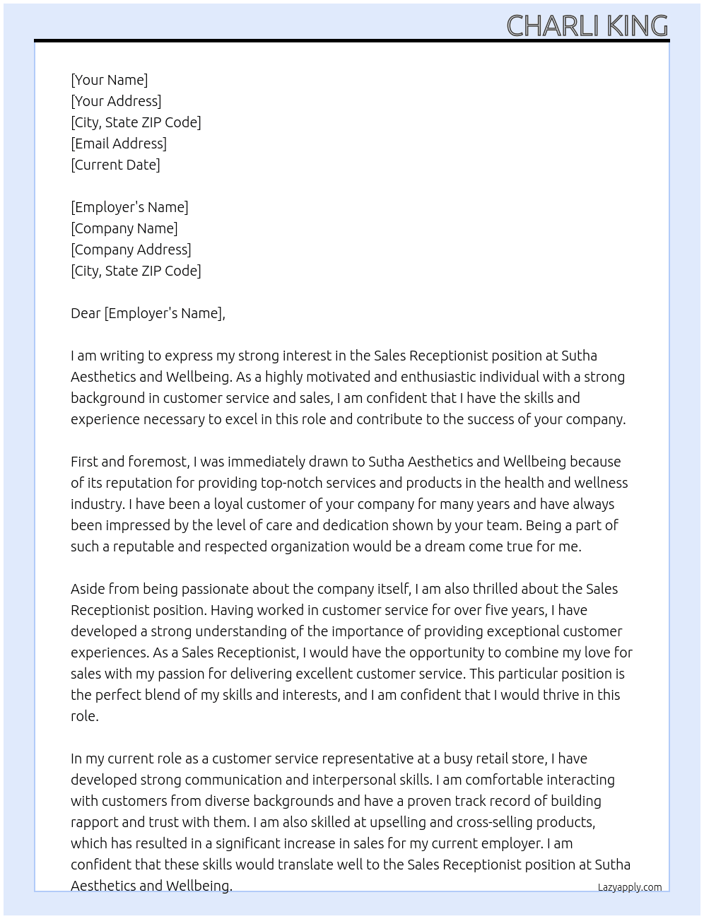 Sales receptionist At sutha aesthetics and wellbeing  Cover Letter