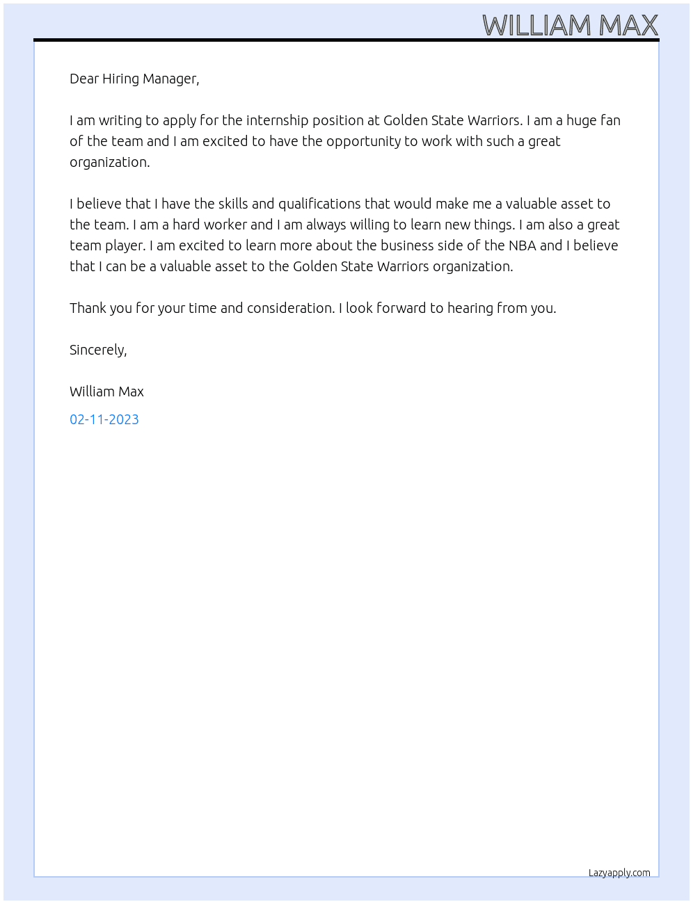 Internship At Golden State Warriors Cover Letter