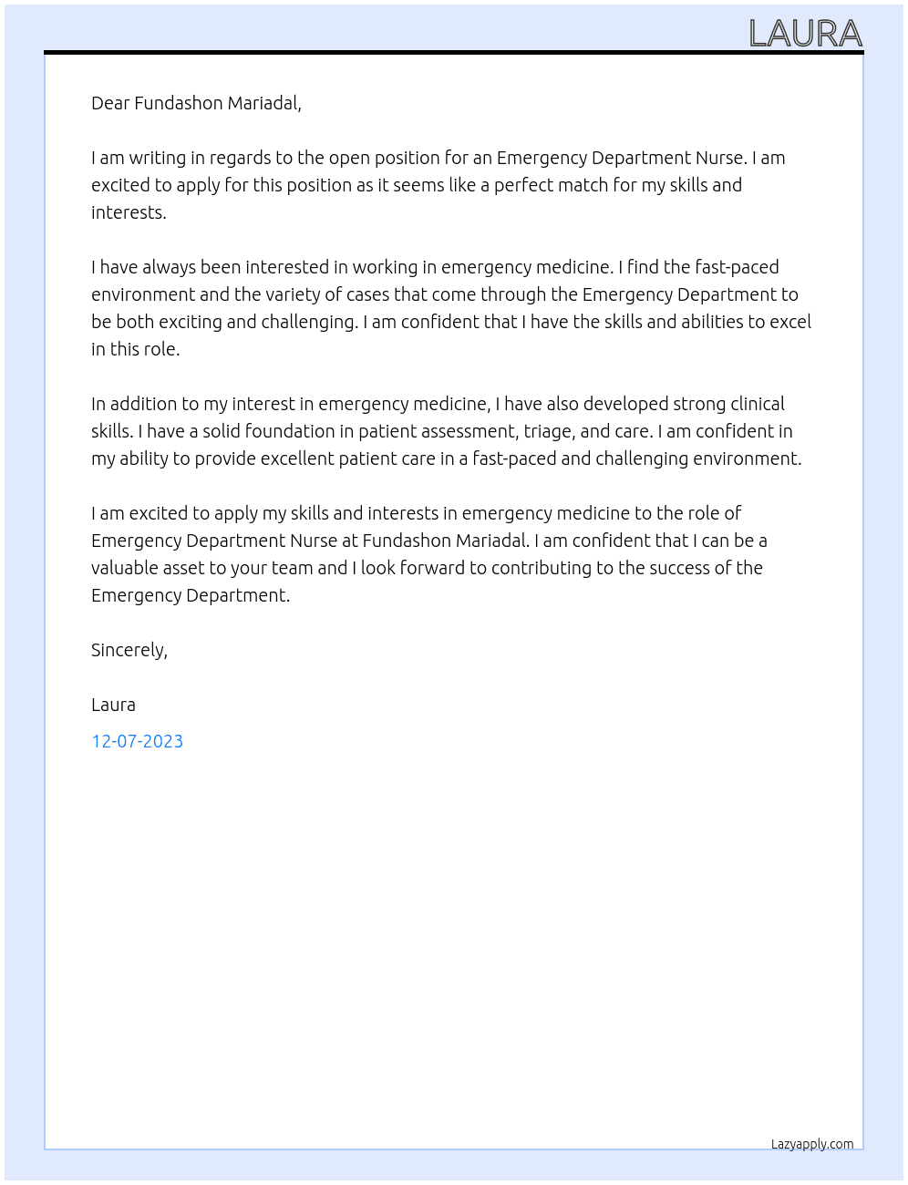 Emergency Department Nurse At Fundashon Mariadal Cover Letter