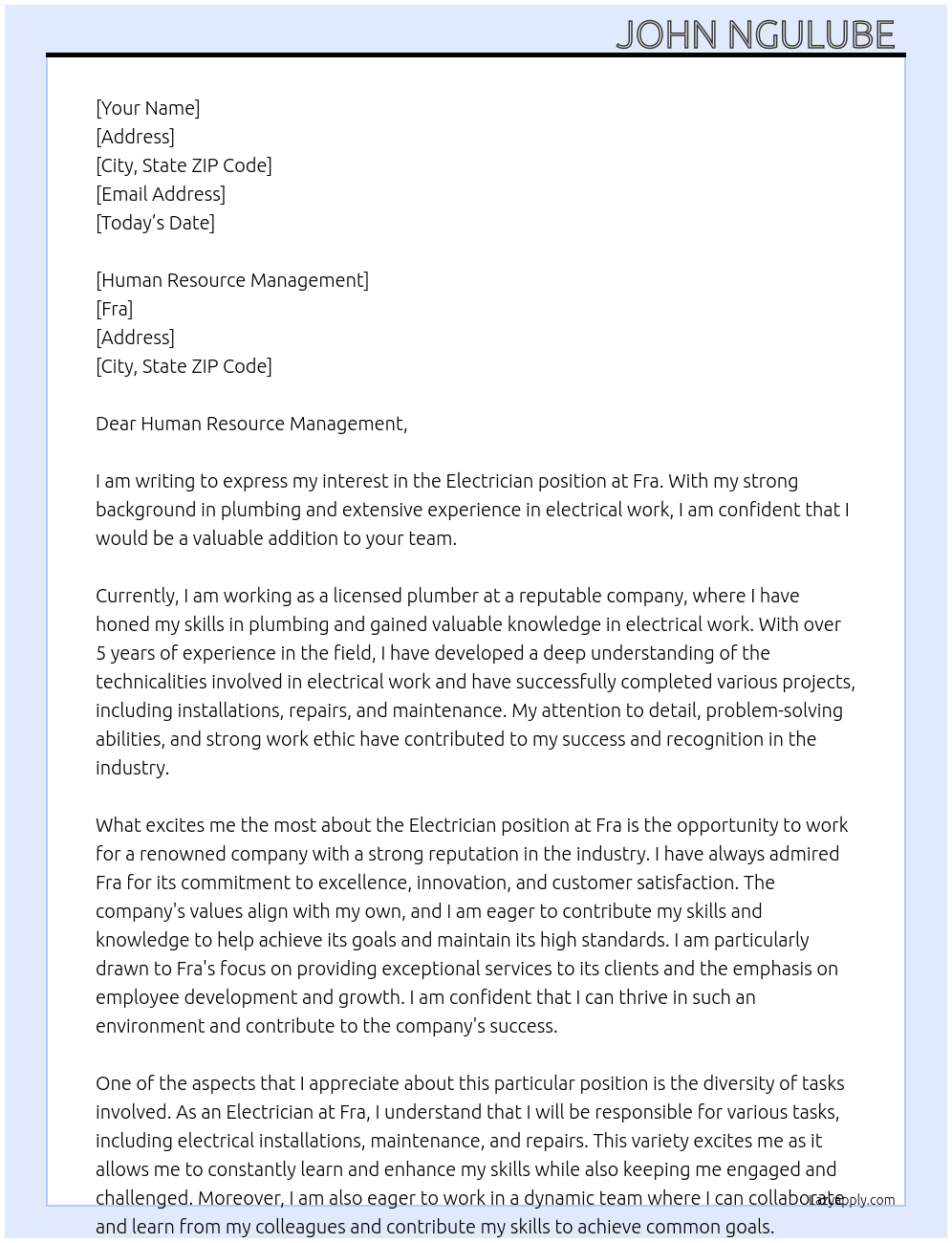 Electrician  At Fra Cover Letter