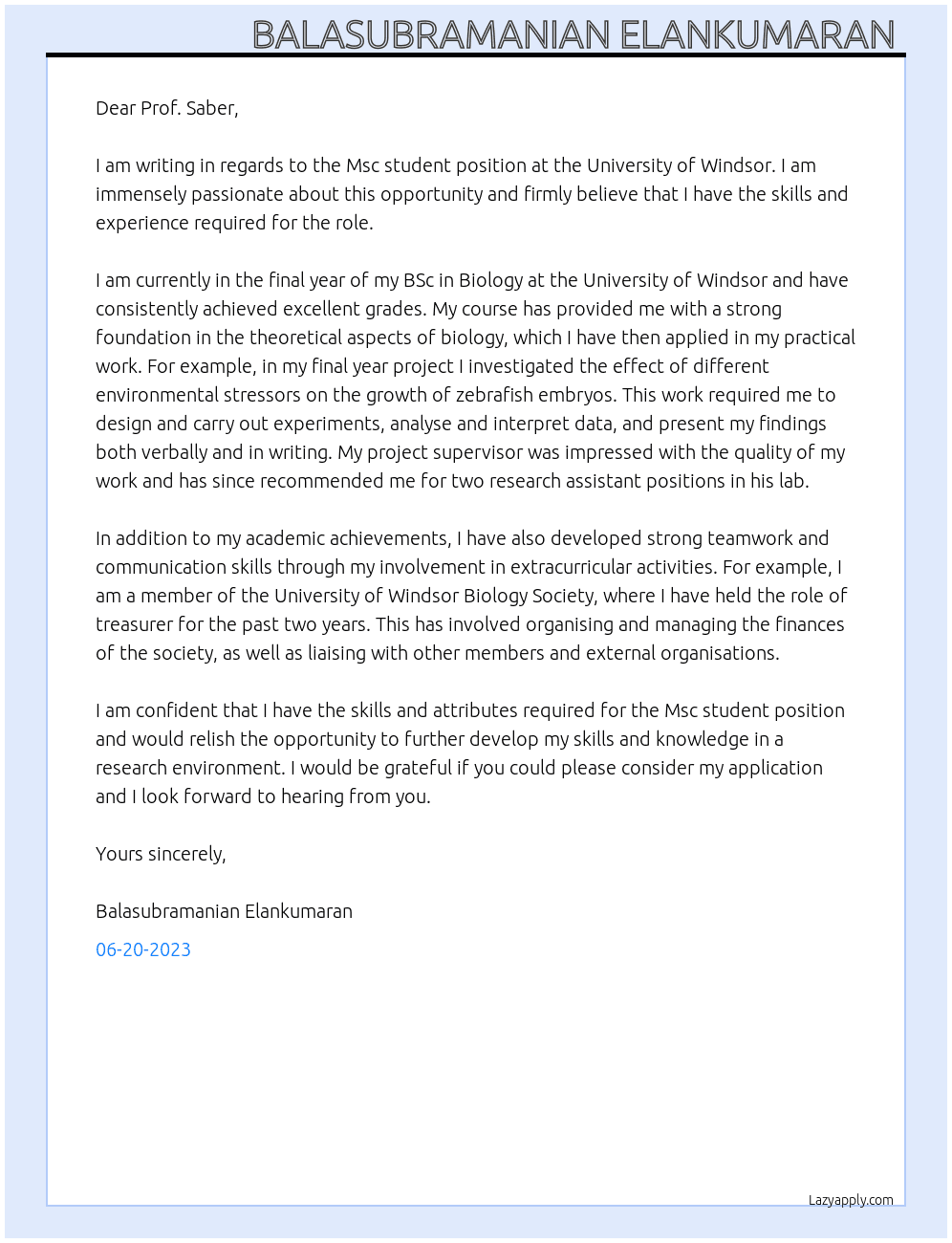 Msc student At University of Windsor Cover Letter