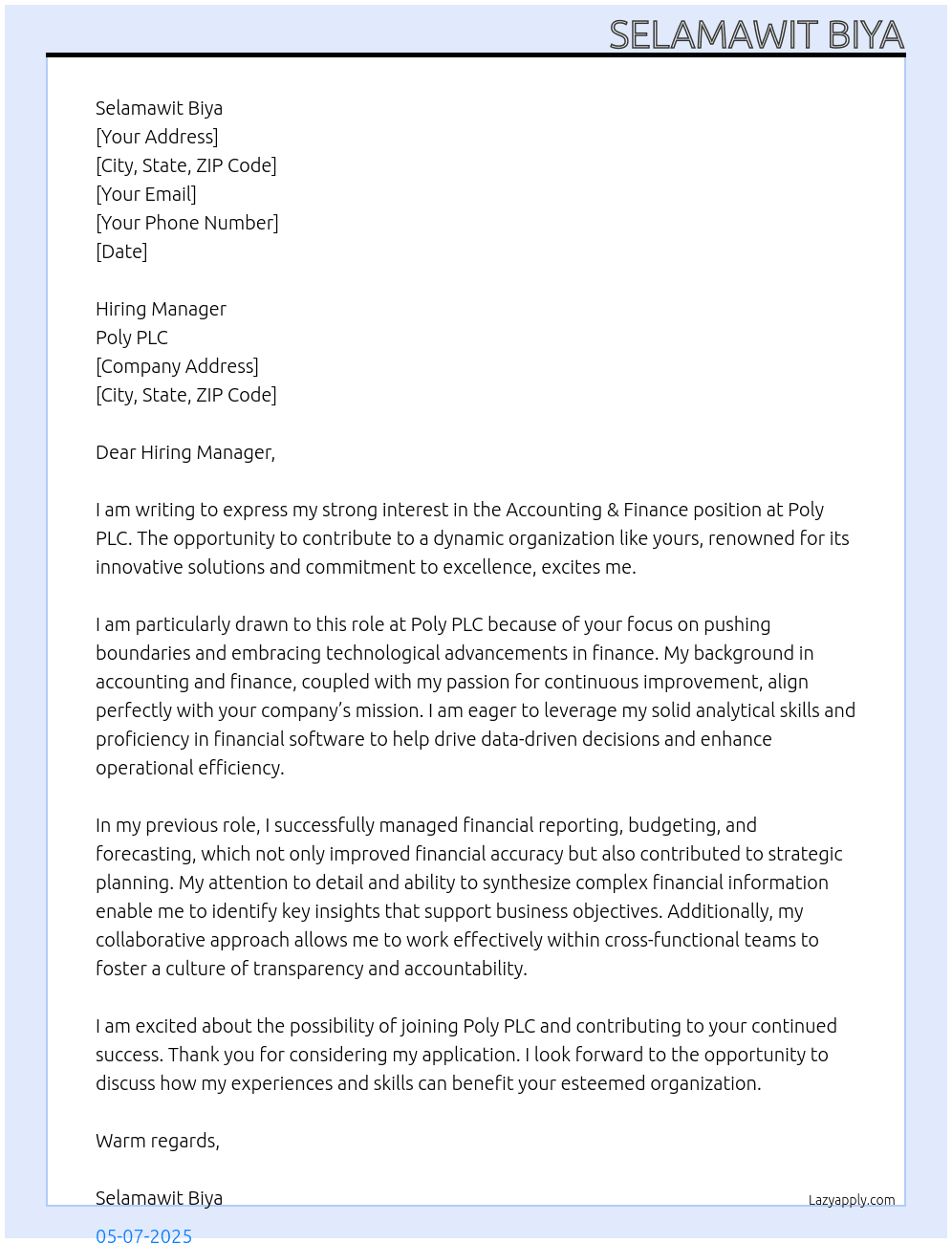 Accounting&*finance At Poly PLC Cover Letter